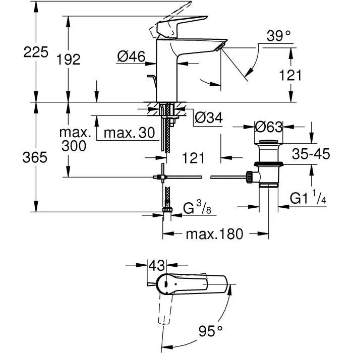 GROHE Mitigeur de lavabo monocommande Quickfix Start 2021 avec tirette, vidage et économie d'eau, finition chromée, taille M