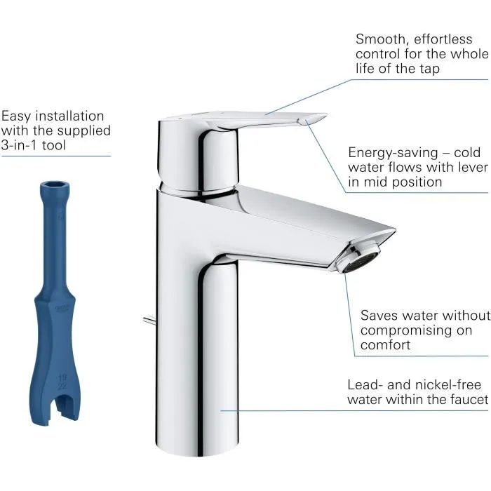GROHE Mitigeur de lavabo monocommande Quickfix Start 2021 avec tirette, vidage et économie d'eau, finition chromée, taille M
