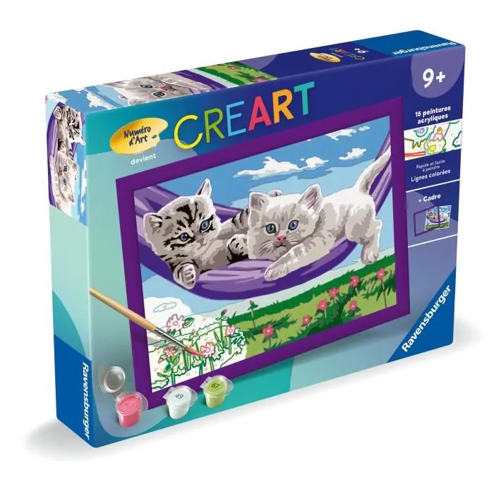 Ravensburger 25828 CreArt Kit de peinture par numéros - Chatons dans le hamac, Tableau 18x24cm avec cadre, Pinceau et Peintures inclus, À partir de 9 ans Ravensburger 25828 CreArt Kit de peinture par numéros - Chatons dans le hamac, Tableau 18x24cm avec cadre, Pinceau et Peintures inclus, À partir de 9 ans
