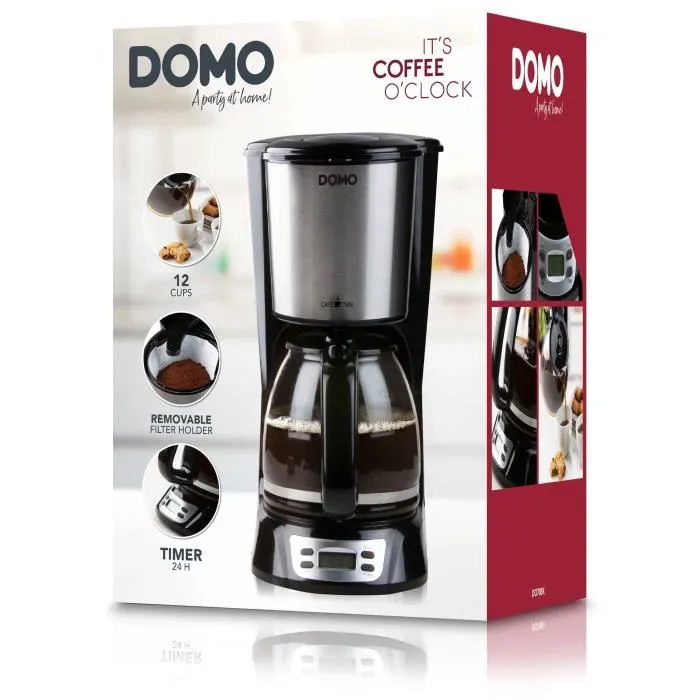 Domo Cafetière Filtre DO708K - 1000W, 1.5L (12 tasses), Programmateur 24h avec écran LCD - Noir et Inox