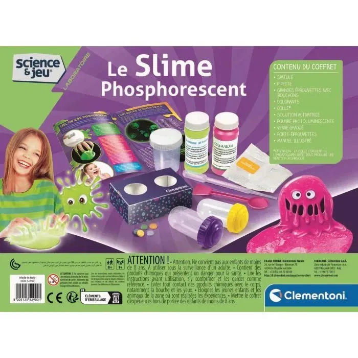 Clementoni - Coffret scientifique de création de slime phosphorescent pour enfants à partir de 4 ans - Kit d'expériences chimiques sécurisé avec manuel illustré