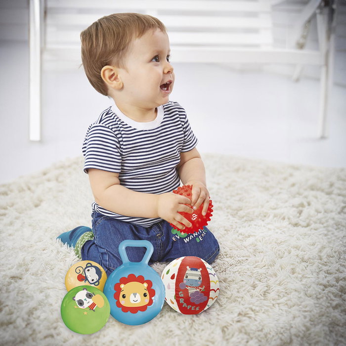 Fisher-Price Pack de 5 balles et hochets sensoriels avec animaux, textures et sons variés - Jouet d'éveil pour bébé de 12 mois et plus
