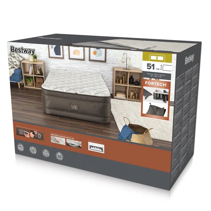 Bestway Matelas gonflable 2 places Tough Guard Fortech, Pompe électrique intégrée, Charge 350 kg, 203 x 152 x 51 cm, Idéal camping intérieur
