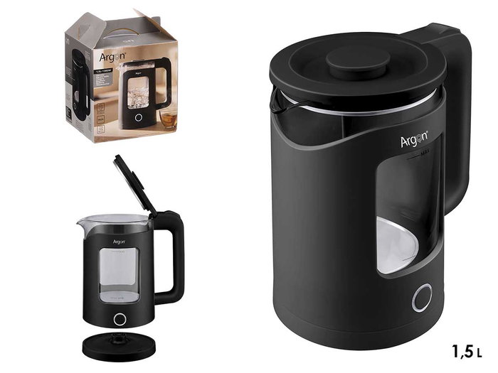 ARGON Bouilloire électrique avec fenêtre, 1,5 L, Noir-Transparent ARGON Bouilloire électrique avec fenêtre, 1,5 L, Noir-Transparent