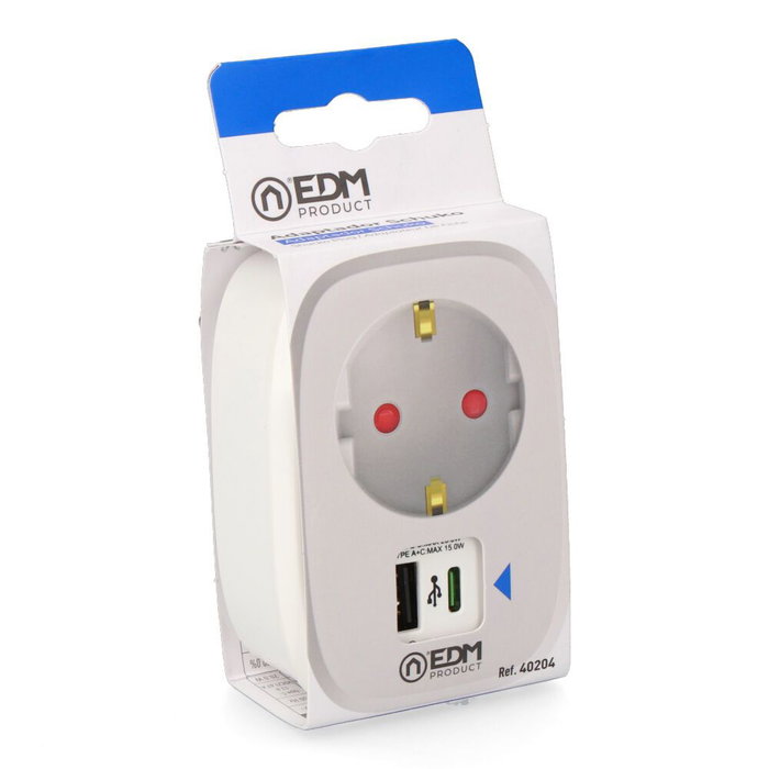 EDM Adaptateur Schuko 1 prise 2P+T avec 2 ports USB (A+C) 15W Blanc EDM Adaptateur Schuko 1 prise 2P+T avec 2 ports USB (A+C) 15W Blanc