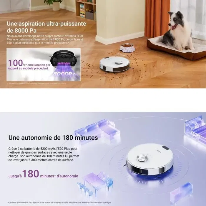 EUREKA E20 Plus - Aspirateur Robot Laveur Autovidant avec Station Transparente, 8000 Pa, Navigation IA 3D DuoDetect, Contrôle Vocal, 180 min Autonomie, pour Maison jusqu'à 300 m²