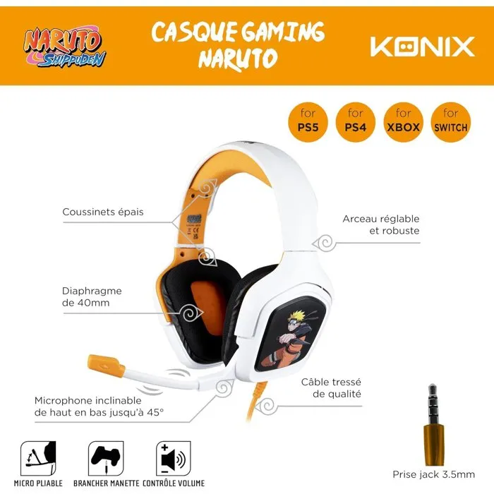 Konix - Casque Gaming Naruto Shippuden avec Microphone - Compatible PS4, PS5, Switch, Xbox One, Series X|S - Filaire - Prise Jack 3.5 mm - Cable 1.5 m Konix - Casque Gaming Naruto Shippuden avec Microphone - Compatible PS4, PS5, Switch, Xbox One, Series X|S - Filaire - Prise Jack 3.5 mm - Cable 1.5 m