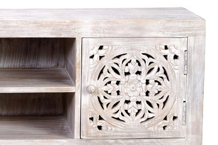 GINER Y COLOMER Meuble TV en bois de manguier massif avec portes et pieds métal, finition blanc vieilli et gris, 130x55x40 cm