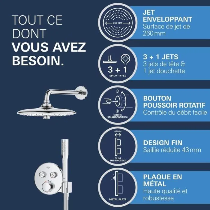 Grohe 34878000 - Mitigeur thermostatique pour douche encastrée, pomme haute ronde 26 cm, finition chrome, réglable