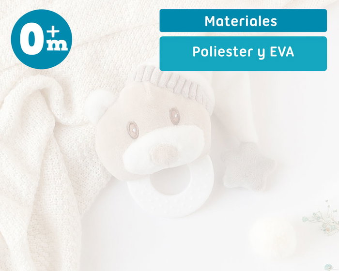 KioKids Mordedor Peluche Osito Con Gorro - Ourson Doudou en Peluche avec Mordedor pour Bébé, Soulage Douleur Dentaire, Multitextures, Collection Dolci Amici, Beige, 0+ Mois