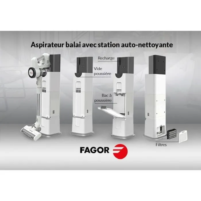 Fagor Aspirateur Balai Sans Fil 2 en 1 FG6415 - 300 W, Base Auto-Nettoyante, Tube Flexible, 3 Vitesses, Autonomie 60 Min