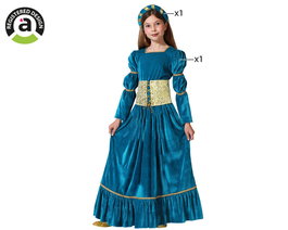 Déguisement Reine Médiéval Bleu pour Fille, Ensemble Costume 10-12 Ans avec Robe et Diadème, Fête et Carnaval