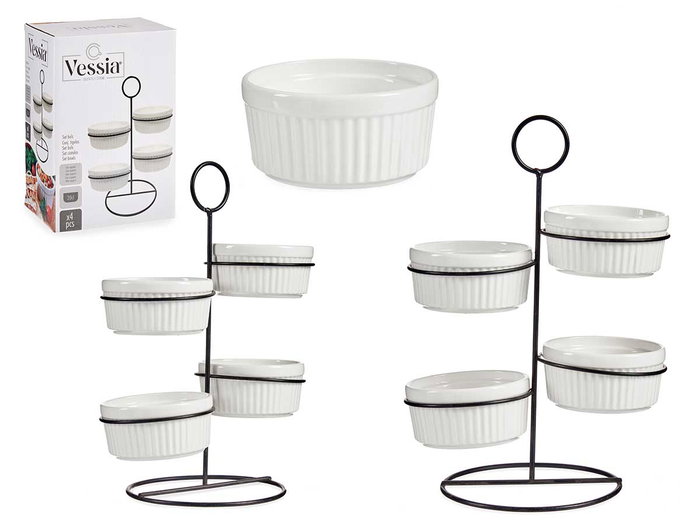 Vessia Set 4 Bols Ronds Blancs avec Support Métal 200 ml 13x26x19 cm Porcelaine (Set de 12) Vessia Set 4 Bols Ronds Blancs avec Support Métal 200 ml 13x26x19 cm Porcelaine (Set de 12)