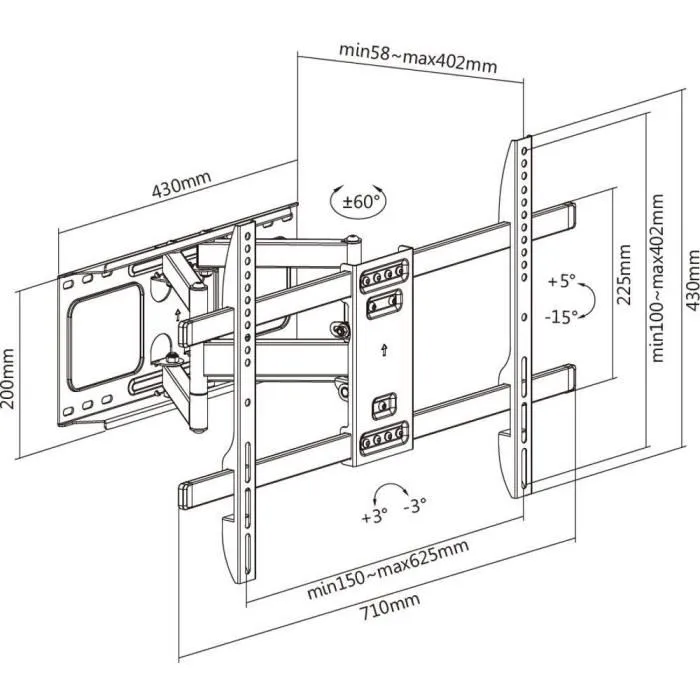 Stell - Support mural TV mobile SHO 5630 pour télévisions 37 à 80 pouces, inclinaison réglable +/-15°, rotation 120°, capacité 60 kg, en acier, gestion de câbles
