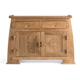 GINER Y COLOMER - Buffet en bois de teca massif style oriental avec 2 tiroirs et 2 portes sculptées, finition naturelle rustique - Dimensions L110 x P41 x H77 cm