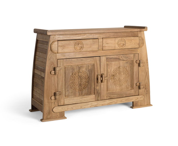 GINER Y COLOMER - Buffet en bois de teca massif style oriental avec 2 tiroirs et 2 portes sculptées, finition naturelle rustique - Dimensions L110 x P41 x H77 cm GINER Y COLOMER - Buffet en bois de teca massif style oriental avec 2 tiroirs et 2 portes sculptées, finition naturelle rustique - Dimensions L110 x P41 x H77 cm