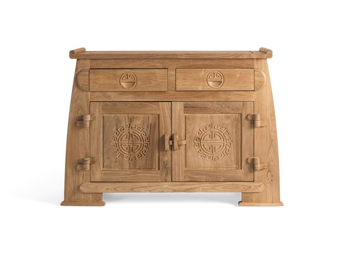 GINER Y COLOMER - Buffet en bois de teca massif style oriental avec 2 tiroirs et 2 portes sculptées, finition naturelle rustique - Dimensions L110 x P41 x H77 cm GINER Y COLOMER - Buffet en bois de teca massif style oriental avec 2 tiroirs et 2 portes sculptées, finition naturelle rustique - Dimensions L110 x P41 x H77 cm