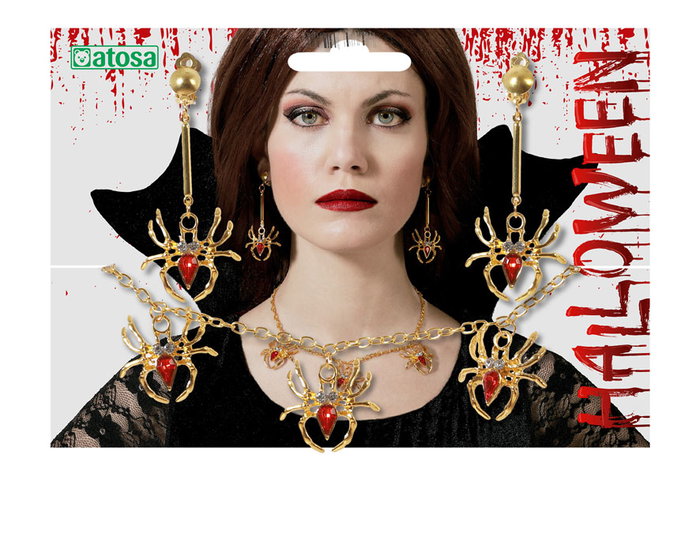 Set de Collier et Boucles d'Oreilles Araignée Dorés avec Pierres Rouges - Bijouterie Gothique pour Halloween
