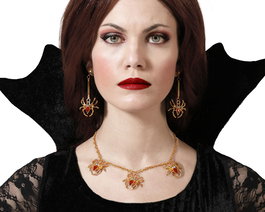 Set de Collier et Boucles d'Oreilles Araignée Dorés avec Pierres Rouges - Bijouterie Gothique pour Halloween