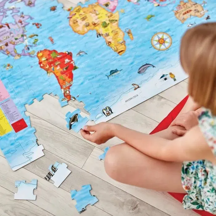 Orchard - Puzzle Carte du Monde Éducatif avec Poster Géant - Découvrez les Monuments, les Animaux et les Continents