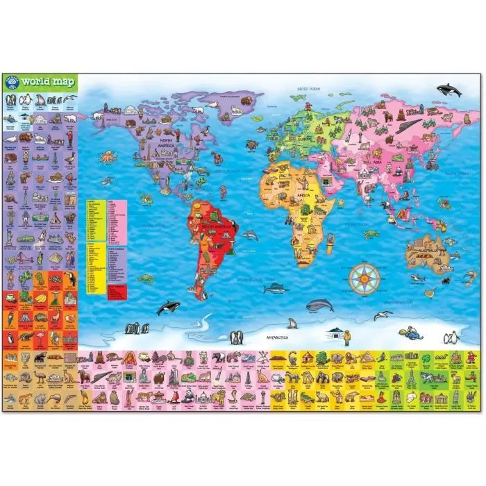 Orchard - Puzzle Carte du Monde Éducatif avec Poster Géant - Découvrez les Monuments, les Animaux et les Continents