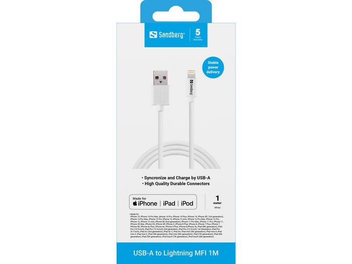Sandberg Câble USB-A vers Lightning MFI 1 mètre - Pour Charge et Synchronisation d'iPhone/iPad - Connecteurs Haute Qualité Sandberg Câble USB-A vers Lightning MFI 1 mètre - Pour Charge et Synchronisation d'iPhone/iPad - Connecteurs Haute Qualité