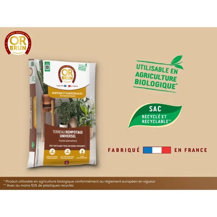 Or Brun Terreau Universel pour Rempotage OBRTREM6U 6L - Améliore la Croissance des Plantes - Favorise le Développement Racinaire