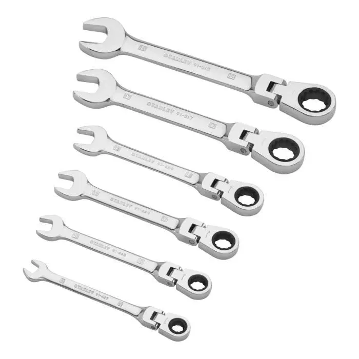 STANLEY - 4-91-444 - Jeu de 6 clés mixtes à cliquet à tête indexable en acier chrome vanadium, dimensions 8 à 19 mm, finition nickel-chrome anti-corrosion