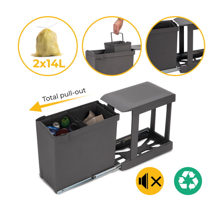 Emuca Poubelles de recyclage pour la cuisine, 2 x 14L, fixation inférieure et extraction automatique, Acier et Plastique, Gris antracite