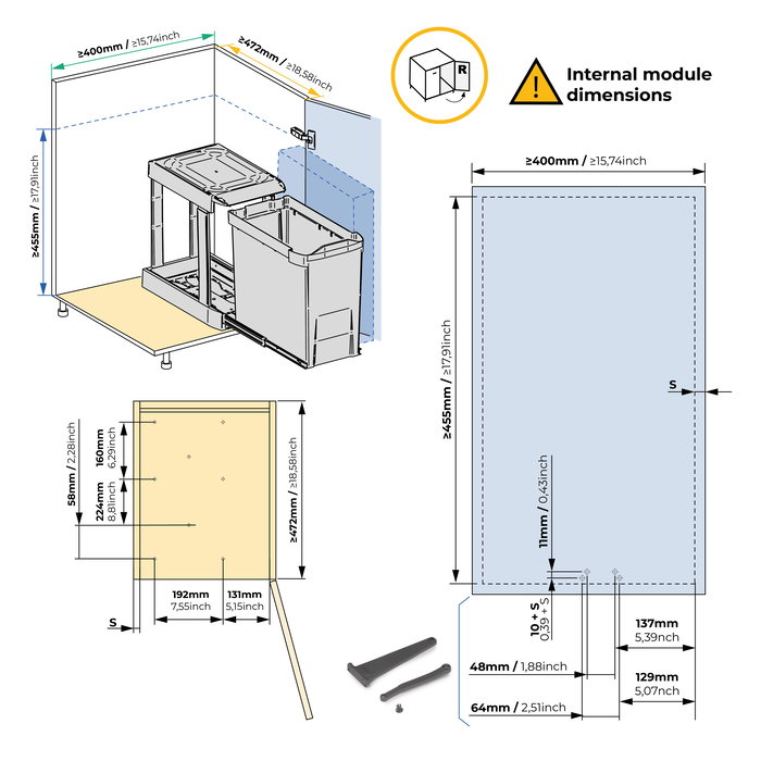 Emuca Poubelles de recyclage pour la cuisine, 2 x 14L, fixation inférieure et extraction automatique, Acier et Plastique, Gris antracite
