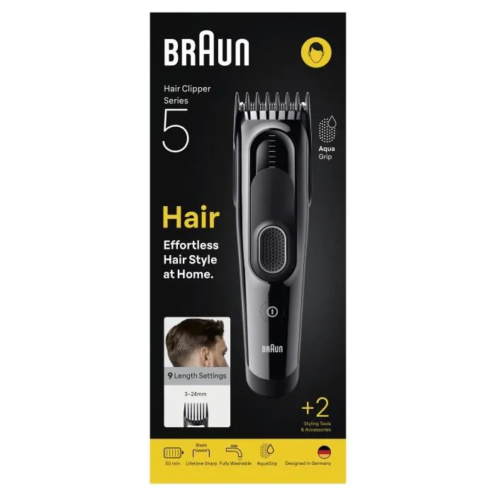 Braun HC5510 Tondeuse à Cheveux Sans Fil - 9 Réglages de Longueur, Autonomie 50 min, Noir