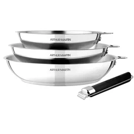 Arthur Martin Set de 3 poêles AM8763 avec poignée amovible inoxydayble, 20-24-28 cm