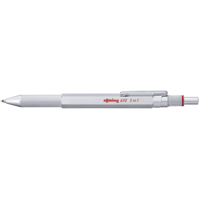 rotring 600 Multipen 3in1 Argent Stylo à mine fine 0,5 mm et stylo à bille bleu/rouge