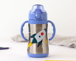 KioKids Kiokids Bouteille D'apprentissage Fusée en Acier Inoxydable 280 mL Bleue pour Enfants +6 Mois - Thermo, Bec Verseur avec Paille en Silicone
