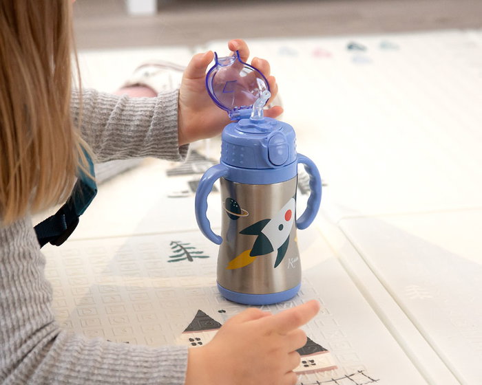 KioKids Kiokids Bouteille D'apprentissage Fusée en Acier Inoxydable 280 mL Bleue pour Enfants +6 Mois - Thermo, Bec Verseur avec Paille en Silicone