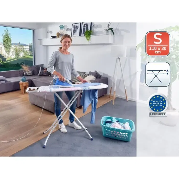 Leifheit Table à repasser Classic S Basic 72576, table de repassage avec surface 110x30 cm, hauteur réglable 75-88 cm, housse en coton, repose-fer fixe
