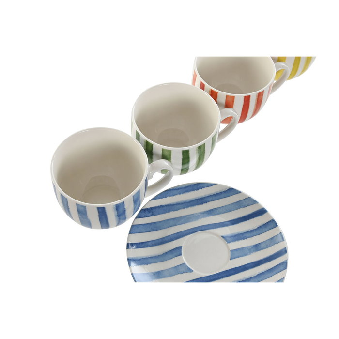 Jeu de 6 tasses avec plat Home ESPRIT Jaune Bleu Vert Corail Porcelaine Rayures méditerranéen 240 ml
