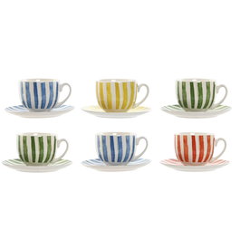 Jeu de 6 tasses avec plat Home ESPRIT Jaune Bleu Vert Corail Porcelaine Rayures méditerranéen 240 ml