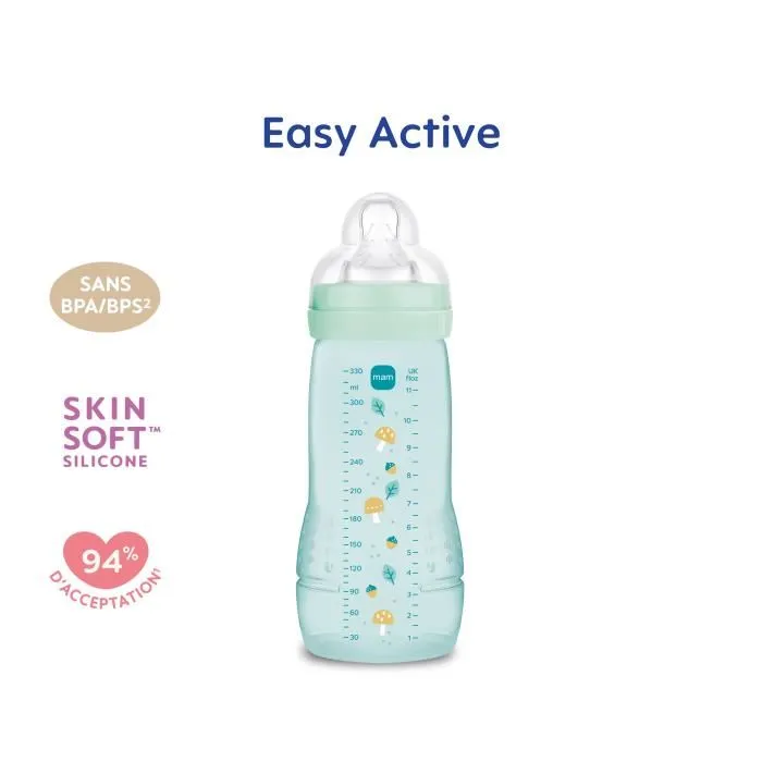 MAM Biberon Easy Active +6 mois 330 ml Tétine Débit X Ice - Biberon Ergonomique 2e Âge Large Col en Matériaux Bio-circulaires
