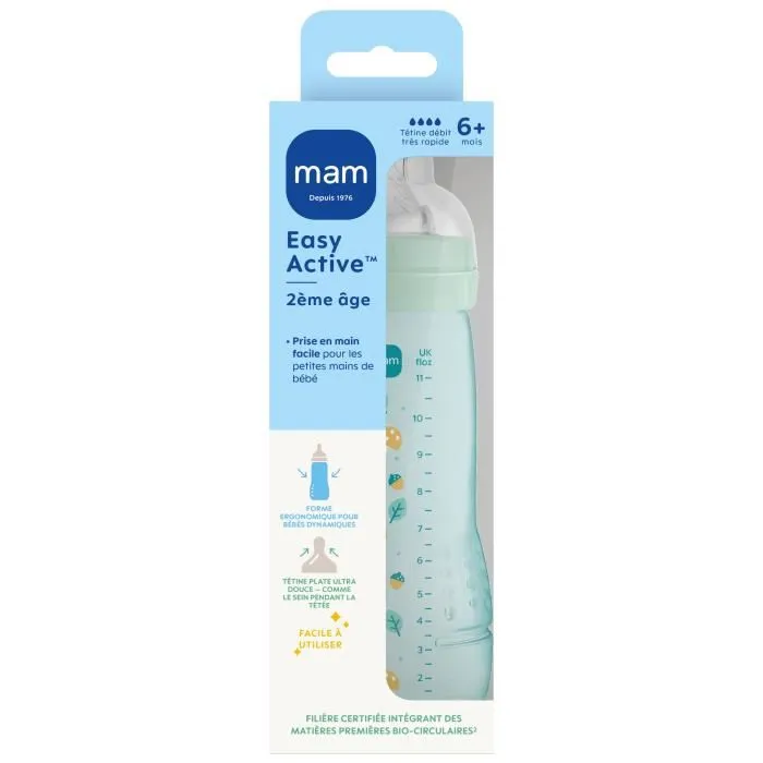 MAM Biberon Easy Active +6 mois 330 ml Tétine Débit X Ice - Biberon Ergonomique 2e Âge Large Col en Matériaux Bio-circulaires