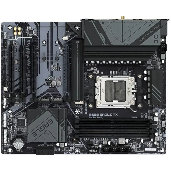 GIGABYTE Carte mère B650 EAGLE AX (AM5, Ryzen 7000/8000/9000, DDR5 7600 MHz, PCIe 5.0, 2x M.2, WiFi 6E, USB 3.2)