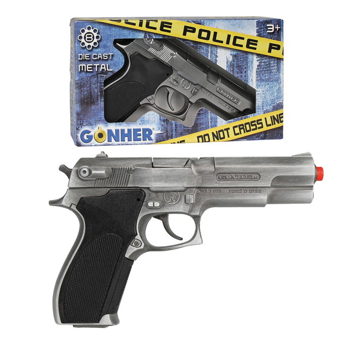 GONHER - Pistolet jouet de police avec fulminants, 8 coups, couleur argentée, imitation pour enfants +3 ans GONHER - Pistolet jouet de police avec fulminants, 8 coups, couleur argentée, imitation pour enfants +3 ans