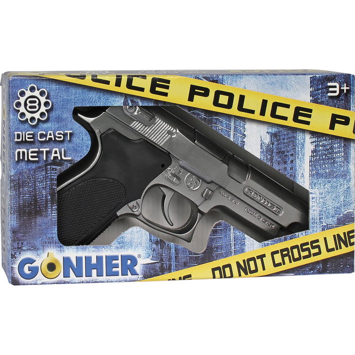 GONHER - Pistolet jouet de police avec fulminants, 8 coups, couleur argentée, imitation pour enfants +3 ans GONHER - Pistolet jouet de police avec fulminants, 8 coups, couleur argentée, imitation pour enfants +3 ans