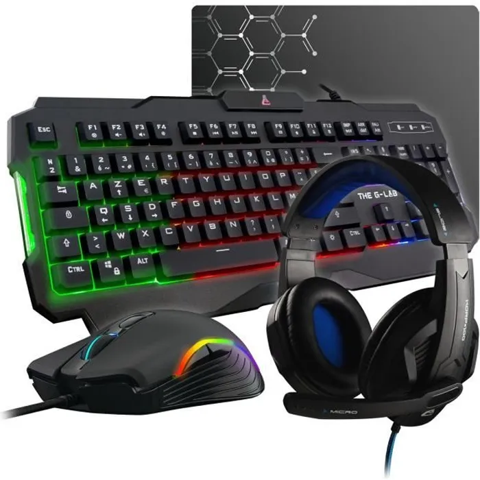 The G-Lab Combo Argon E - Pack Gamer 4 en 1 avec Souris Filaire, Clavier Filaire, Casque Filaire et Tapis de Souris - Équipement Complet pour Fortnite, Minecraft