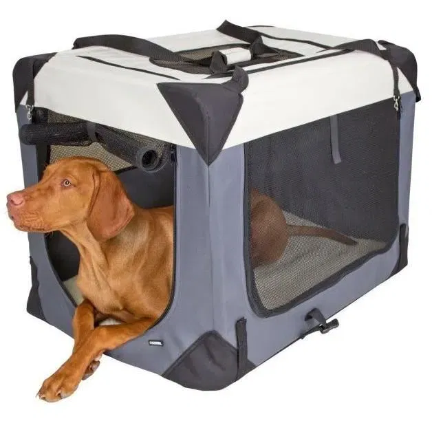 Kerbl Box de transport pour chien Journey 81 x 58 x 58 cm 3 ouvertures à fermeture éclair Gris Beige