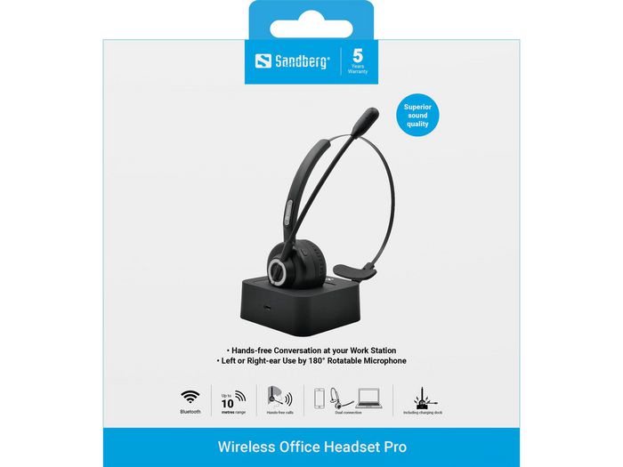 Sandberg Wireless Office Headset Pro - Micro-casque Bluetooth sans fil pour bureau, mains libres, confortable avec arceau rotatif et base de recharge magnétique