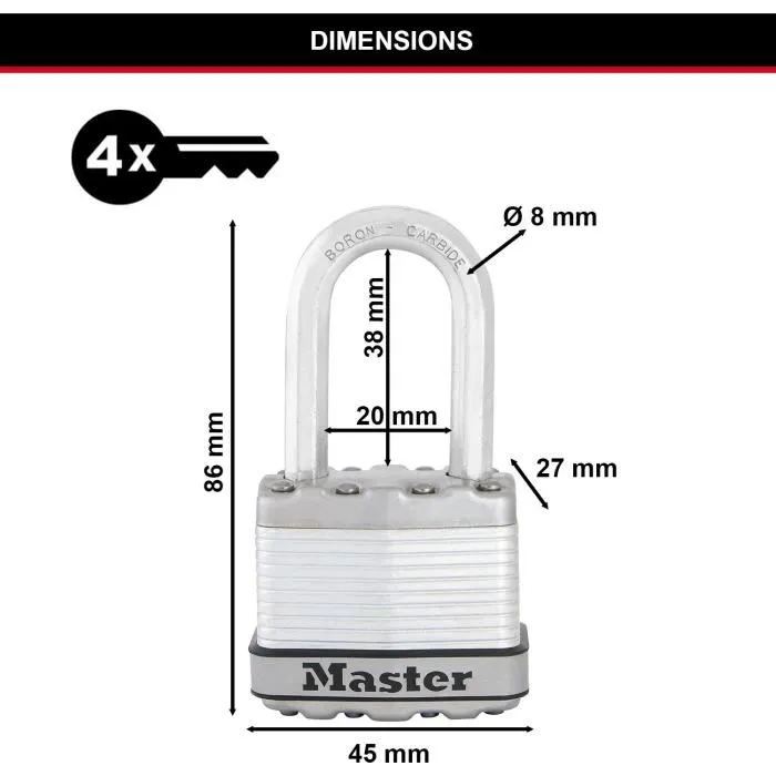Master Lock Cadenas de Sûreté Excell M1EURDLFCC - Anse mobile - Acier laminé 45mm - Extérieur - Haute Sécurité