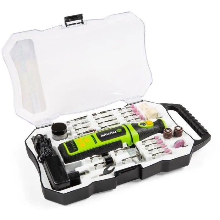 Fieldmann FDMB 200170-A Outil multifonction sans fil, 70 accessoires, batterie 7.2V Li-Ion, vitesse 5000-25000 tr/min, pour fraisage, perçage et meulage