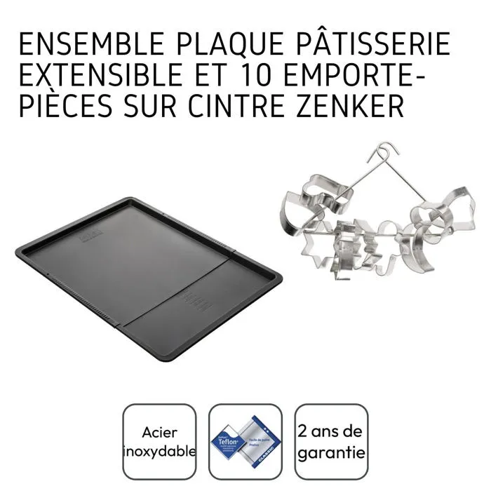 Zenker - Ensemble pâtisserie avec 1 plaque extensible revêtue Téflon (37-52 x 33 cm) et 1 lot de 9 emporte-pièces décoratifs sur cintre pour biscuits de Noël