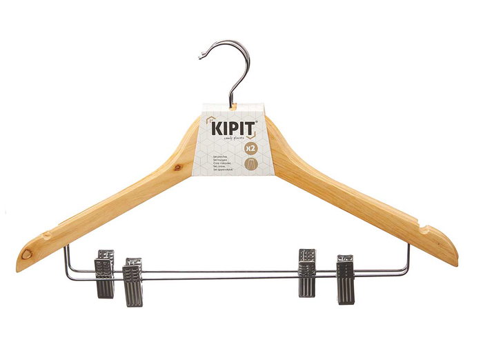 Kipit Lot de 2 Cintres en Bois avec Pinces à Pantalon 44 x 26,5 x 5 cm (Set de 24)